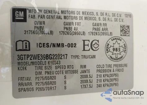 2011 GMC Sierra 1500 Slt z USA, uszkodzony, nr VIN 3GTP2WE39BG220217